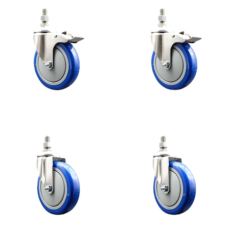 Service Caster 5 Inch 316SS Blue Polyurethane 12mm Threaded Stem Caster Lock Brake, 2PK SS316TSTTL20S514-PPUB-BLUE-M1215-2S2